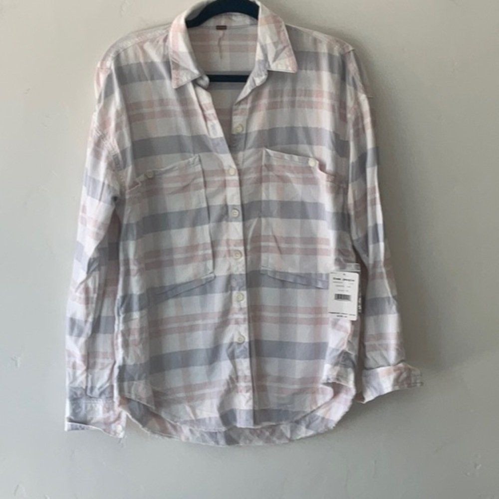 Free People Pink and Gray Casual Button Down Shirt